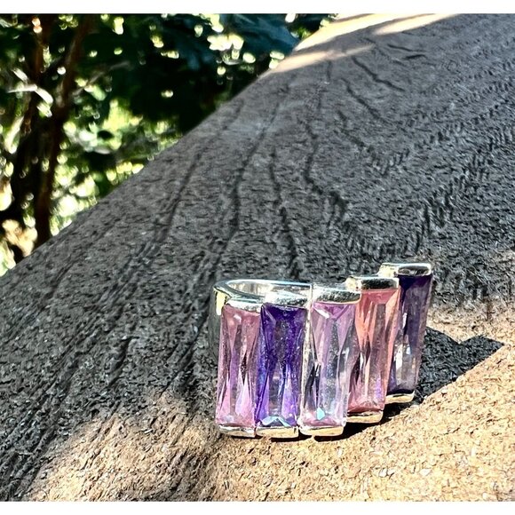 Stunning Sterling Silver 925 Ring With Pink & Purple Gradient Baguette Stones .5 - Picture 9 of 11